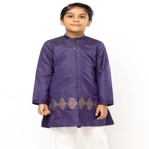 Purple Striped and Printed Silk Panjabi Pajama Set